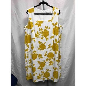 Kasper Womens Dress 16W White Yellow Floral Sleeveless Square Neck Knee Length